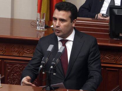 El primer ministro macedonio, Zoran Zaev, este miércoles en el Parlamento de Skopje.