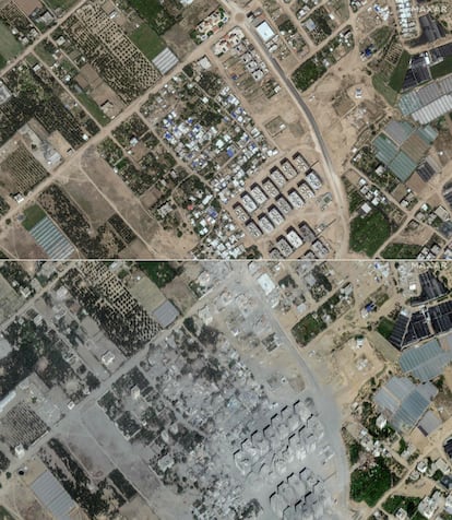 Imágenes del antes y el después de Atatra, un barrio de la ciudad de Beit Lahiya, al norte de la franja de Gaza, donde se compara una fotografía tomada el 10 de mayo (arriba) y una del 21 de octubre.