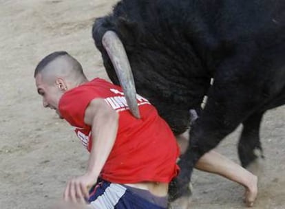 Un joven, que luego ingresó en el hospital de La Paz, recibe la cornada de un toro.