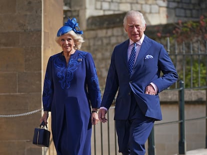 Britain's King Charles III and Camilla, the Queen Consort attend the Easter Mattins Service at St George's Chapel at Windsor Castle in Windsor, England, Sunday April 9, 2023