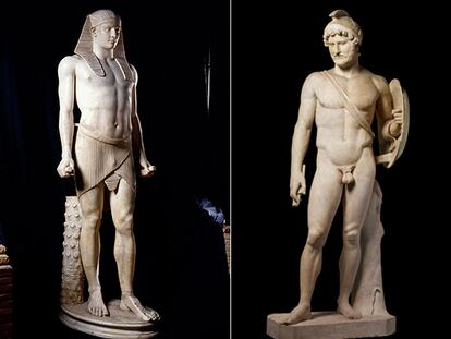 A la derecha, estatua de Antínoo, amante de Adriano. A la izquierda el propio emperador.