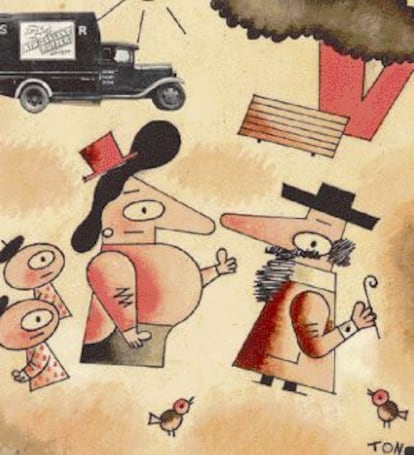 “¡Caramba, don Jerónimo! Está usted muy cambiado?’ ‘Es que no soy don Jerónimo’. ‘Pues más a mi favor”, ilustración de Tono para la portada del primer número de'La Codorniz', del 8 de junio de 1941.
