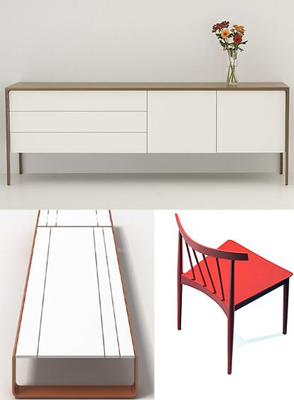 Arriba, el aparador <i>Tactile</i>, de Punt Mobles, una colección diseñada por Terence Woodgate. Debajo, la silla <i>Smile,</i> de Andreu World, del equipo creativo Lievore Altherr Molina. A la izquierda, la tumbona <i>Flat</i>, de Gandía Blasco, una creación de Mario Ruiz. Los tres productos han merecido la distinción del jurado del premio de Diseño Wallpaper.