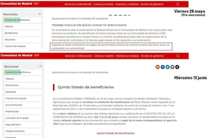 Pantallazo, realizado por una de las solicitantes del abono joven, de la página web de la Comunidad de Madrid de la información ofrecida los días 26 de mayo y 13 de junio.