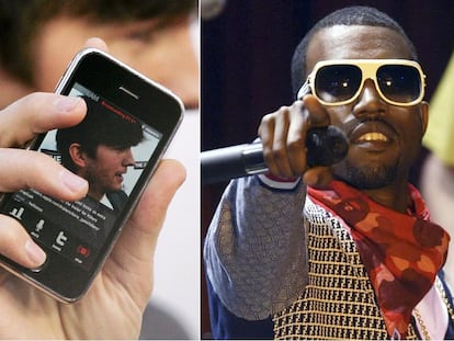A la izquierda, el rey del <i>twitteo</i> y actor Ashton Kutcher. Arriba, el rapero Kanye West durante una actuación.