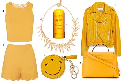 1 y 2. Glamorous para Topshop Conjunto de top y shorts  3. Bimba y Lola Colgante dorado 4. Clarins Stick protector solar 5. Anya Hindmarch Llavero-cartera 6. Zara Cazadora de polipiel 7. Valextra Bolso tipo tote