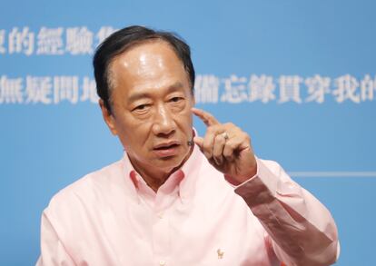 Chief Executive Officer of Hon Hai Precision Industry (Foxconn) Terry Gou answers to audience members during a media event announcing his new book ''30 memos written by Father Guo to young people'' in Taipei, Taiwan, Tuesday, Aug. 8, 2023.