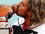Roquebrune Cap Martin (France), 18/04/2021.- Stefanos Tsitsipas of Greece celebrates with the trophy after winning his final match against Andrey Rublev of Russia at the Monte-Carlo Rolex Masters tournament in Roquebrune Cap Martin, France, 18 April 2021. (Tenis, Francia, Grecia, Rusia) EFE/EPA/SEBASTIEN NOGIER