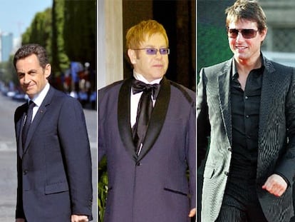 De izquierda a derecha, Nicolas Sarkozy, Elton John y Tom Cruise.