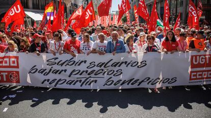 Cabecera de la marcha por el Día Internacional de los Trabajadores el 1 de mayo de 2023 en Madrid.