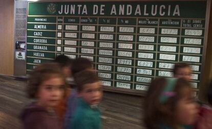 Unos niños observan la pizarra en la que se apuntaron los resultados del referéndum de autonomía hace tres décadas.