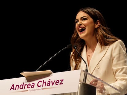 Andrea Chávez durante su primer informe como diputada, en Ciudad Juárez, el 28 de enero de 2023.