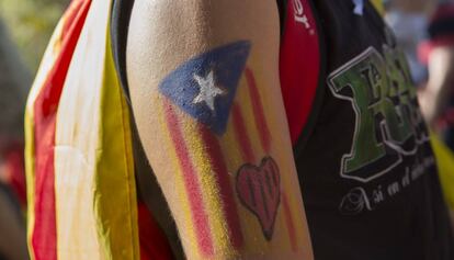 Un manifestante con una &#039;estelada&#039; pintada en el brazo durante la pasada Diada de Catalu&ntilde;a. 