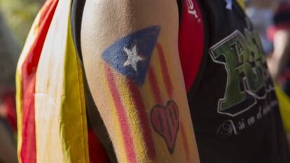 Un manifestante con una &#039;estelada&#039; pintada en el brazo durante la pasada Diada de Catalu&ntilde;a. 