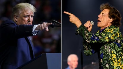 Donald Trump en el mitin del 20 de junio en Tulsa, donde sonó la música de los Rolling Stones. A la derecha, Mick Jagger en un concierto en agosto de 2019 en Pasadena, California.