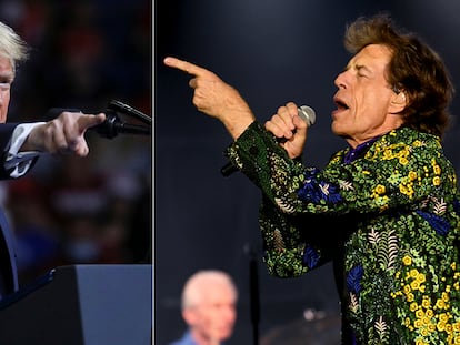 Mick Jagger em um show dos Rolling Stones em Miami em agosto de 2019. E Donald Trump em Phoenix, em um encontro com estudantes em junho de 2020.