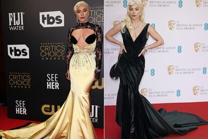 Lady Gaga (l) at Critics’ Choice Awards and (r) at the Baftas.