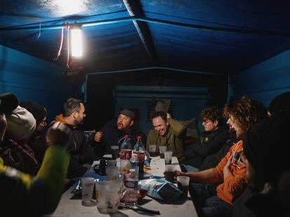 A group of farmers spend the night in a tent during the blockade of the A10 motorway in Limours Janvry, about 22 miles west of Paris.