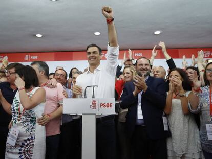 Pedro S&aacute;nchez celebra su victoria en las primarias del PSOE. 
