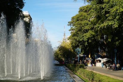 En el centro de Mendoza hay muchas fuentes de agua y los árboles son frondosos gracias a su sistema de canales.