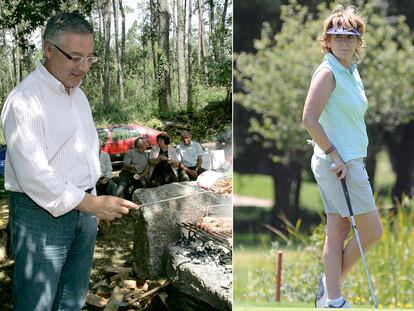 José Blanco prepara una barbacoa en verano de 2007. Al lado, Esperanza Aguirre, juega al golf en Ávila el pasado mes de julio.