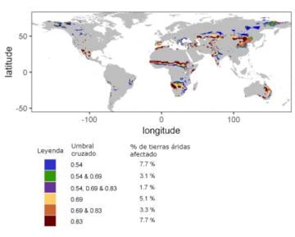 Mapa de las tierras que serán más áridas en 2100. Los colores indican el umbral superado en el camino al desierto.