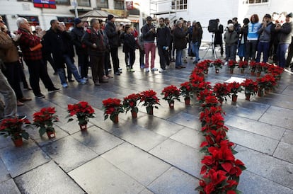 Un lazo formado con poinsettias, m&aacute;s conocidas como flores de Pascua, durante el acto organizado por la Coordinadora Estatal de VIH-Sida (Cesida) en Madrid. 