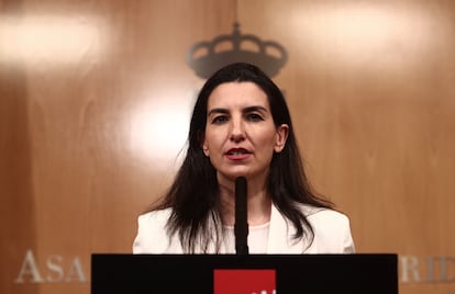 La portavoz de Vox, Rocío Monasterio, durante una comparecencia en la Asamblea de Madrid el 10 de marzo.