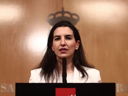 La portavoz de Vox, Rocío Monasterio, durante una comparecencia en la Asamblea de Madrid el 10 de marzo.