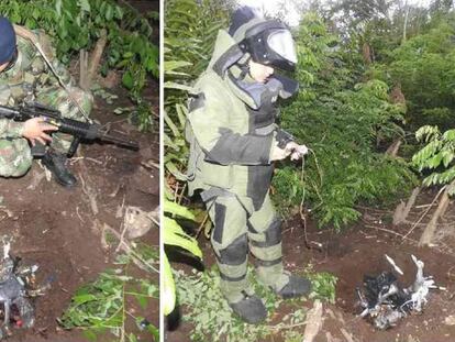 Soldados del Ejército colombiano desarman explosivos montados sobre drones, en una imagen de 2019.