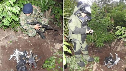 Soldados del Ejército colombiano desarman explosivos montados sobre drones, en una imagen de 2019.