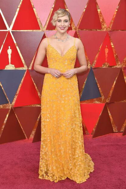 A diretora Greta Gerwig no tapete vermelho do Oscar 2018. 