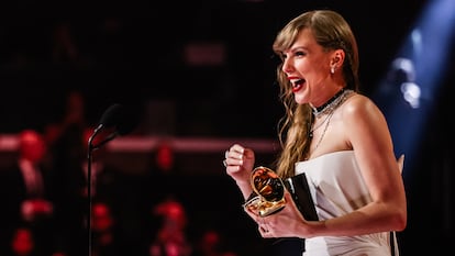 Taylor Swift accepts the Album Of The Year award for "Midnights" during the 66th GRAMMY Awards on February 4, 2024 in L.A.