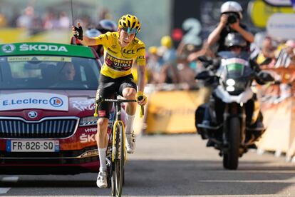 Jonas Vingegaard celebra la victoria de etapa en Hautacam.