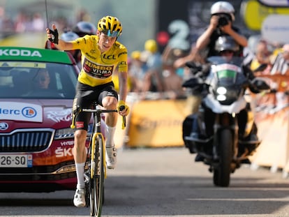 Jonas Vingegaard celebra la victoria de etapa en Hautacam.