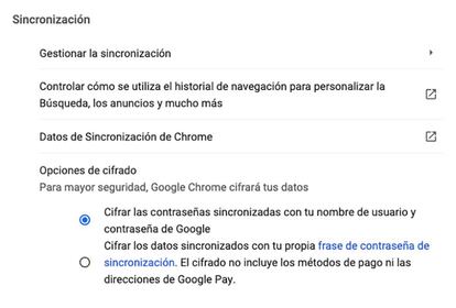 Configuración de cifrado en Google Chrome.