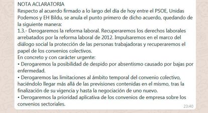 Captura del mensaje enviado por el PSOE a los medios de comunicación en el que rectifican el punto primero del pacto y eliminan la palabra "íntegra".
