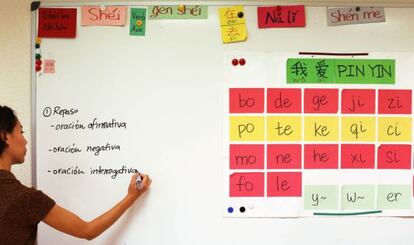 Clase de chino en la academia de idiomas Bunkyo, en Madrid.