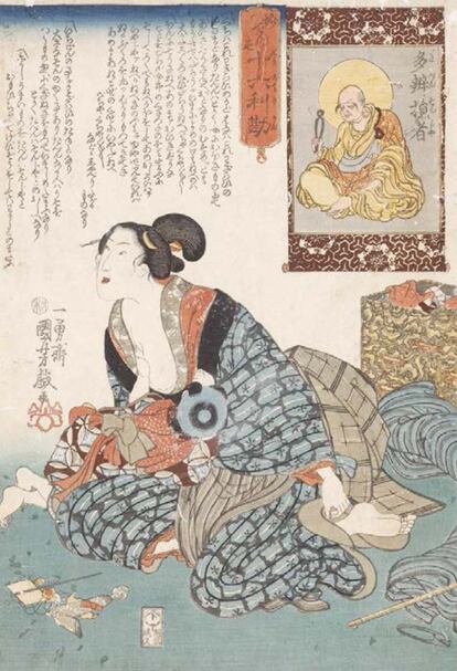 Estampa de Kuniyoshi Utagawa: 'La persona parlanchina', de la serie 'Dieciséis bienaventuradas razones de provecho' (1843-1847).