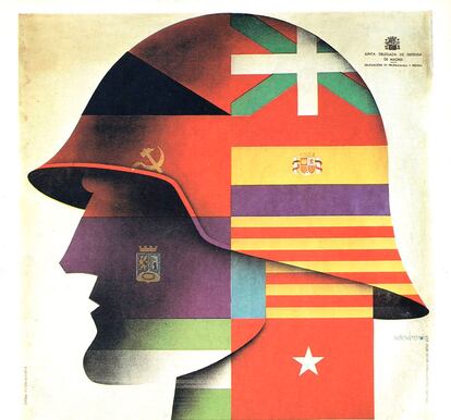 Este cartel del ilustrador Emeterio Melendreras usado durante la Guerra Civil española bajo el lema 'Todas las milicias fundidas en el Ejército Popular' recurre a ocho banderas distintas para representar la unidad frente a los golpistas.