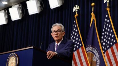 El presidente de la Reserva Federal de Estados Unidos, Jerome Powell, durante la rueda de prensa posterior a la última reunión de política monetaria.