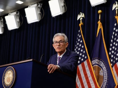El presidente de la Reserva Federal de Estados Unidos, Jerome Powell, durante la rueda de prensa posterior a la última reunión de política monetaria.