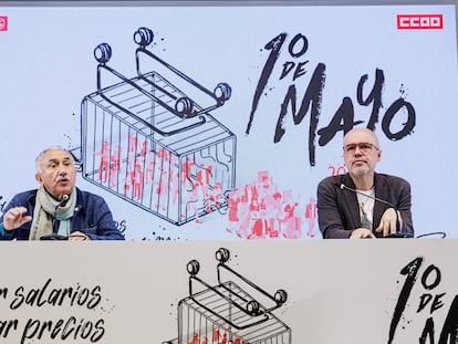 Los secretarios generales de UGT y CC00, Pepe Álvarez (i), y Unai Sordo (d), durante una rueda de prensa en Madrid el pasado 20 de abril con motivo de la celebración del Primero de Mayo.