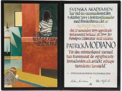 El diploma del Nobel para Patrick Modiano contó con las ilustraciones de Jens Fänge, la caligrafía Annika Rücker, y la encuadernación de Ingemar Dackéus.