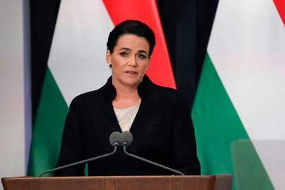 Hungarian President Katalin Novàk delivers her speech during Pope Francis' meeting with the authorities, civil society, and the diplomatic corps in the former Carmelite Monastery in Budapest, Hungary, April 28, 2023.