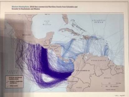 El mapa muestra las rutas de barcos sospechosos de llevar cocaína a bordo. Imagen tomada por Adam Isacson.