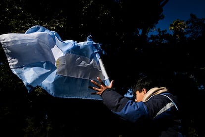 Un joven hondea una bandera argentina acompañando el desfile militar. 