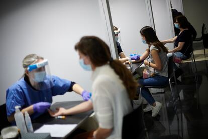 Healthcare workers being tested for coronavirus in Pamplona on Tuesday.