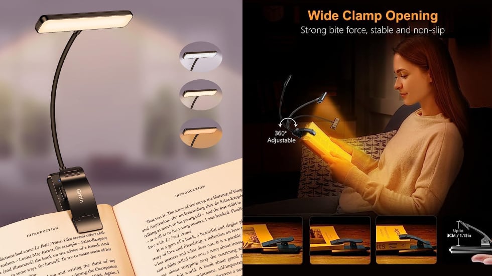 Una luz de lectura ligera, portátil y cuello de ganso flexible 360 grados. GRITIN.