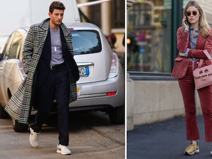 A la izquierda, un ejemplo de cómo lucir traje con zapatillas para el público masculino y, a la derecha, la influencer Annabel Rosendah en las calles de Oslo. GETTY IMAGES.